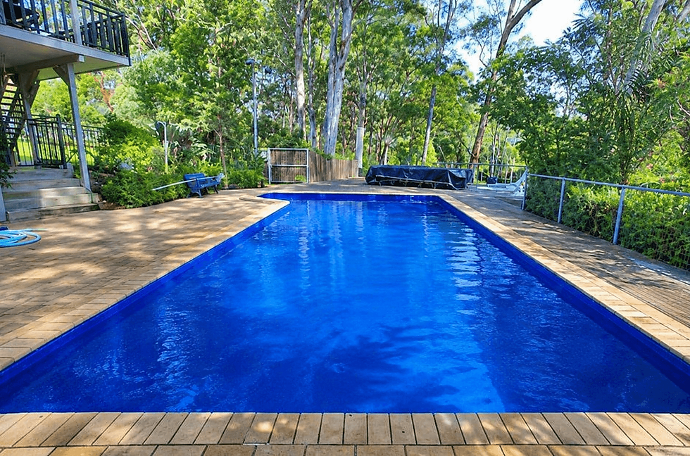 Consented in-ground swimming pool with timber deck surround on a bush-edged New Zealand section, Auckland