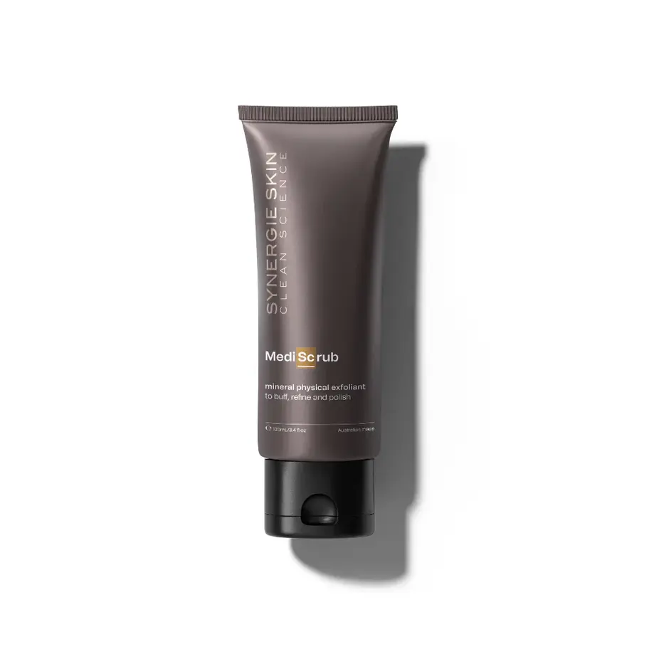 Synergie Skin MediScrub exfoliating scrub in black tube, sold at Clinic4O2 NZ.