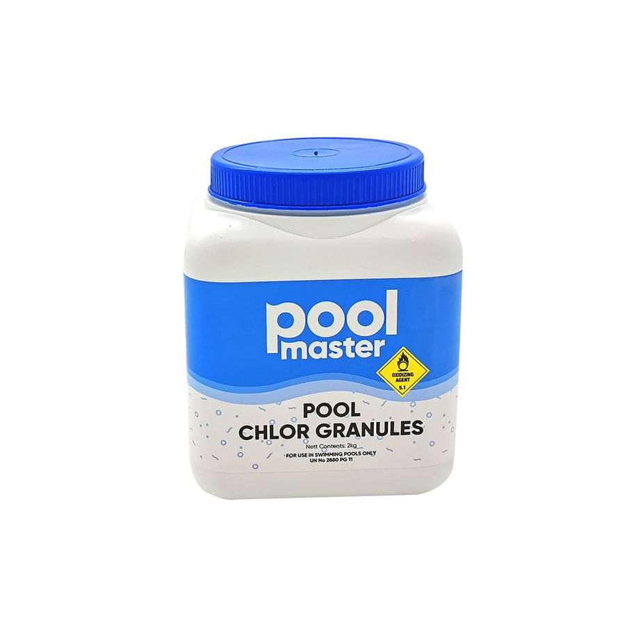 Pool Master Pool Chlorine Granules 2kg container, blue and white bottle with blue lid, front view on white background