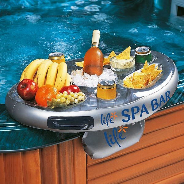 Life Floating Spa Bar inflatable drink and snack tray, filled with fruit, chips, cans, and a bottle on ice, perfect for pool