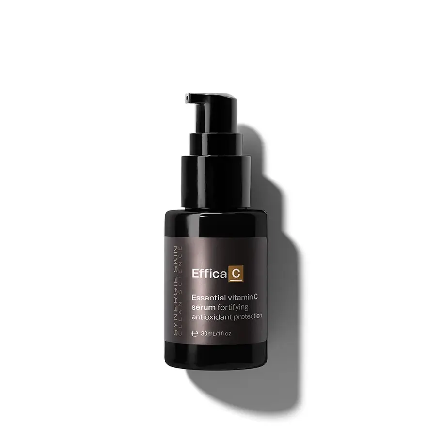 Synergie Skin EfficaC essential vitamin C serum in black bottle with pump, sold at Clinic4O2 NZ.