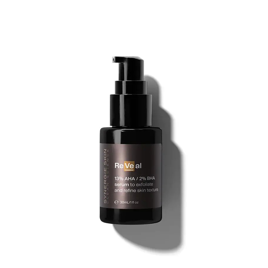 Synergie Skin ReVeal exfoliating peel gel in black bottle with pump, sold at Clinic4O2 NZ
