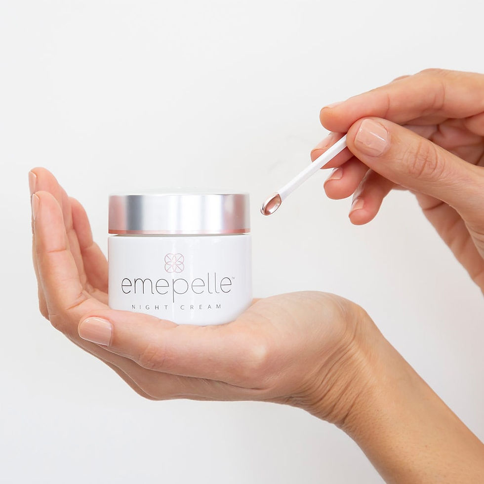 Thumbnail: A close-up of hands holding emepelle night cream jar with label, displayed against a white background
