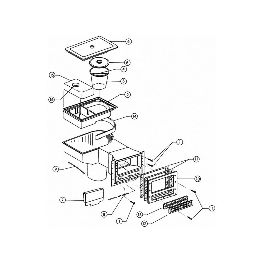 Aquagenie Skimmer parts diagram with all replacement components, including skimmer basket with handle as part of the assembly