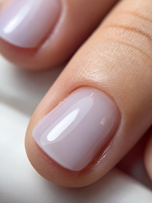 Close-up of a red gel polish manicure on a short square nail