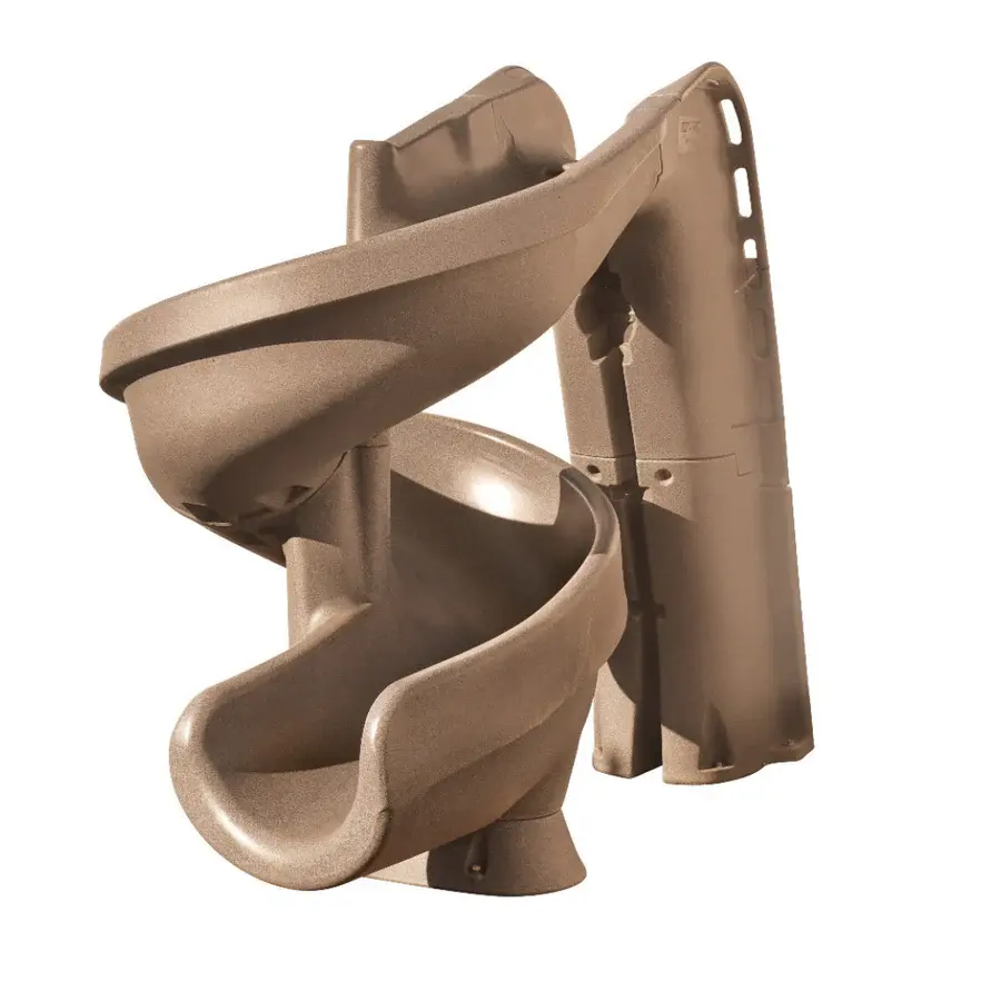 Helix Pool Slide in sandstone with 360-degree spiral flume and enclosed ladder.