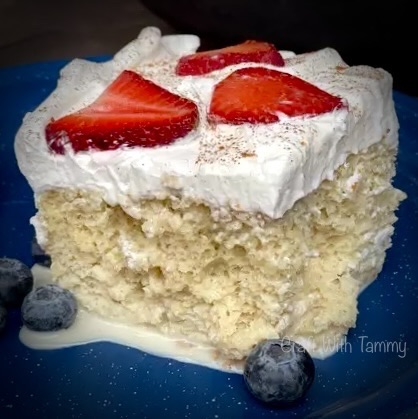 Close-up of moist sponge cake soaked in three milks
