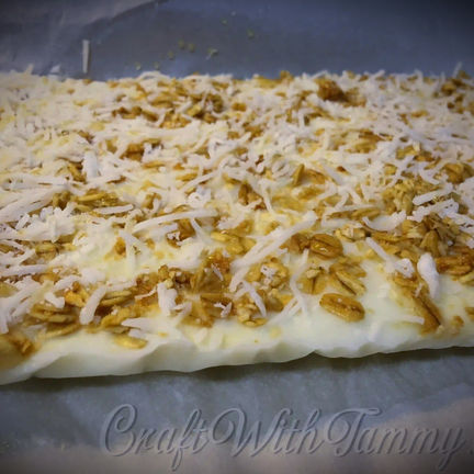 Frozen yogurt bark topped with coconut granola and drizzled honey