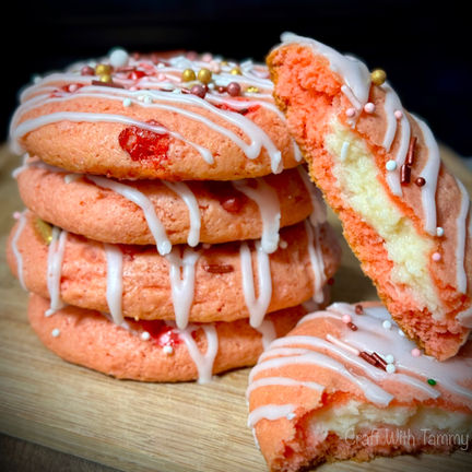 Close-up of soft cookie split in half showing creamy center
