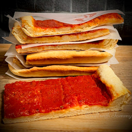 Rhode Island pizza strips, party pizza recipe, bakery pizza, no cheese pizza, Rhode Island recipes, Italian bakery pizza, New England food, pizza strips recipe