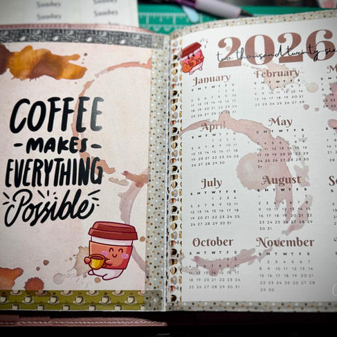 Handmade planner spread inside altered composition notebook