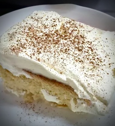 Close-up of moist sponge cake soaked in three milks