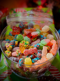 Colorful candy salad made with assorted gummy and sour candies in a large bowl