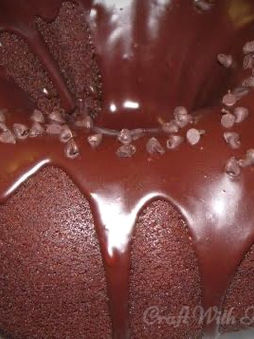 Moist chocolate Bundt cake topped with a rich, glossy ganache glaze.