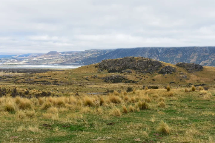 Wide view of Twizel’s rolling farmlands in Canterbury, New Zealand