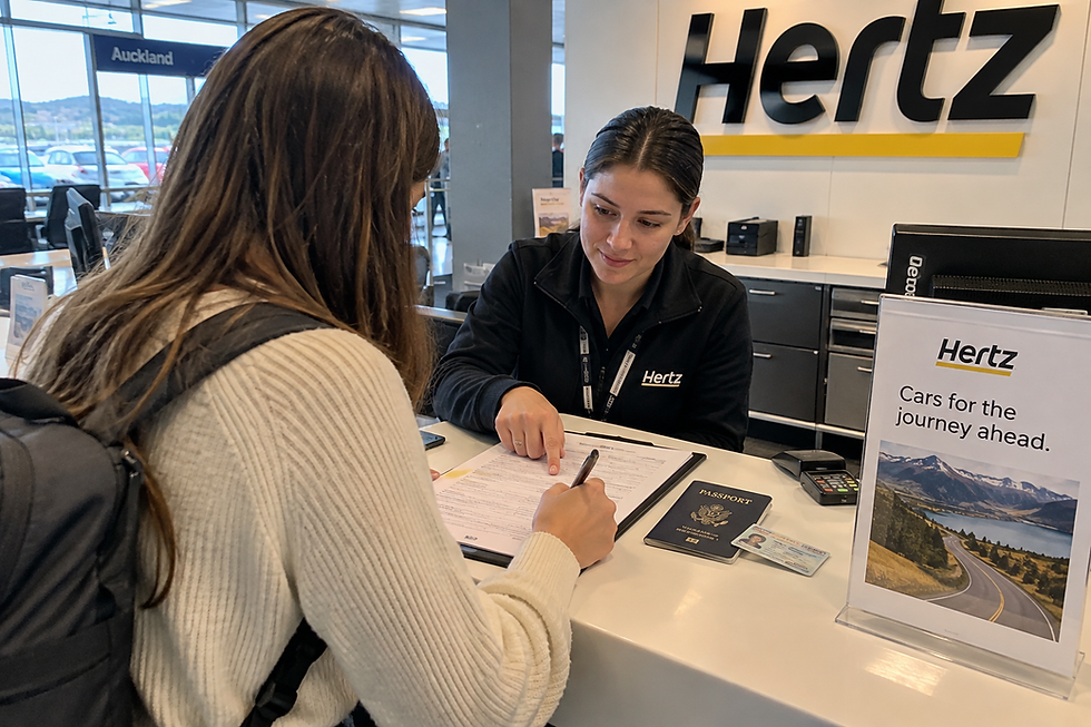 A traveler reviewing rental car paperwork with a passport and driver's license at a rental counter.