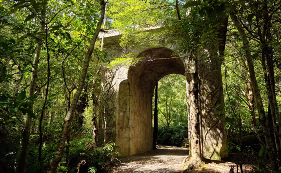 Stone archway surrounded by lush green trees at Kaitoke Regional Park, New Zealand — filming locatio