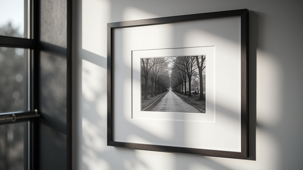 Close-up view of a framed black-and-white photograph with white matting