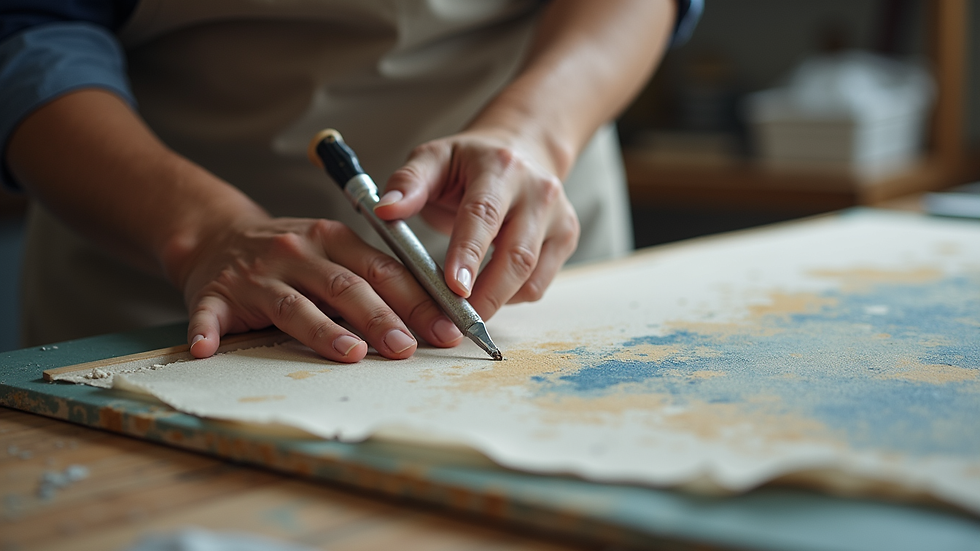 Eye-level view of a conservator repairing a torn canvas