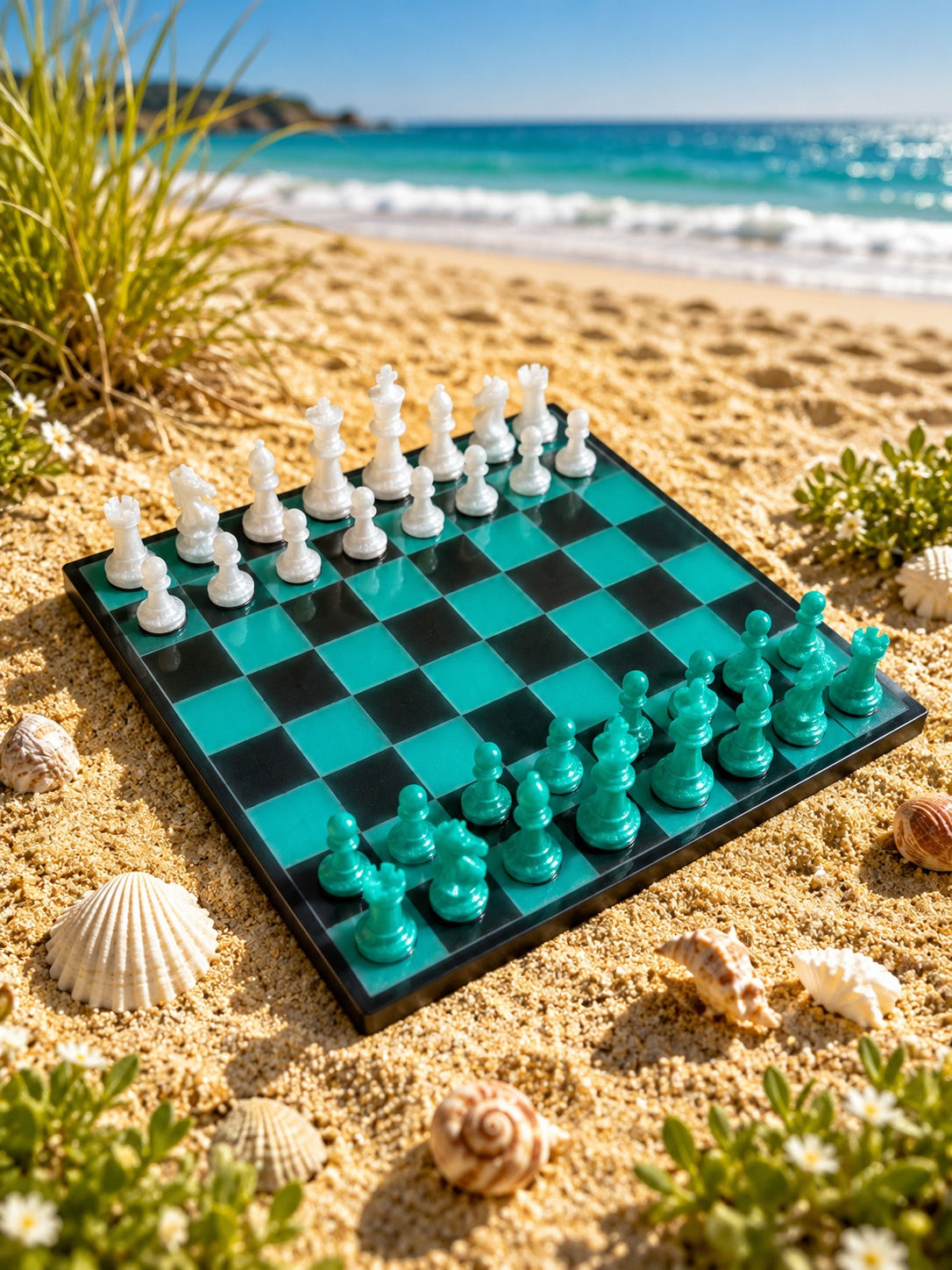 Sea foam green and black chess board with white and sea foam green pieces