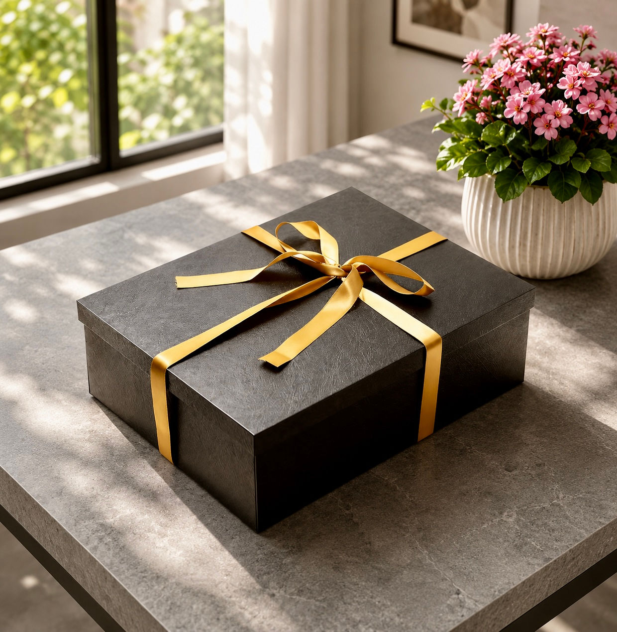 Black gift box with gold ribbon