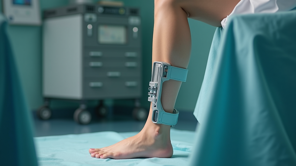 Close-up view of a leg with an external fixator device attached for bone lengthening