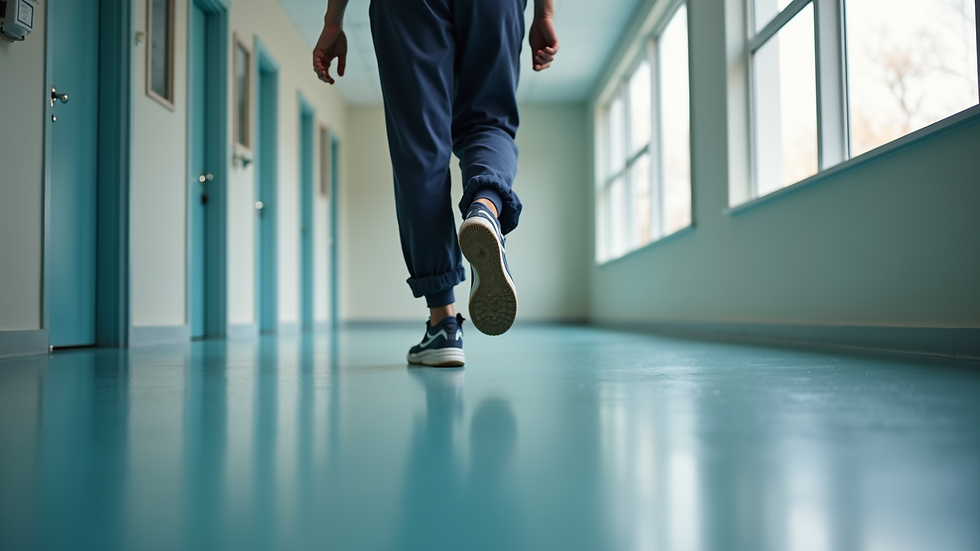 Eye-level view of a patient walking with assistance during knee rehabilitation
