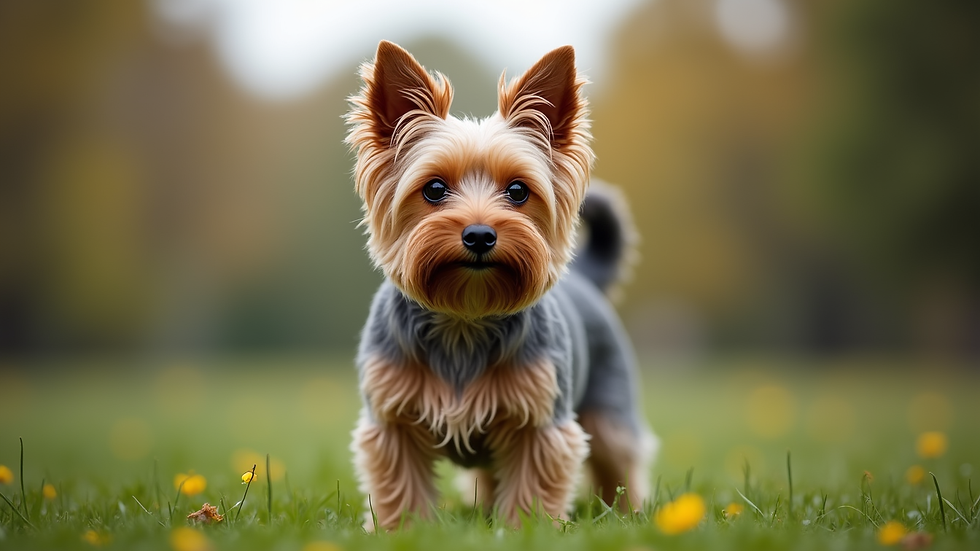 Eye-level view of a Yorkshire Terrier standing on grass with a shiny coat