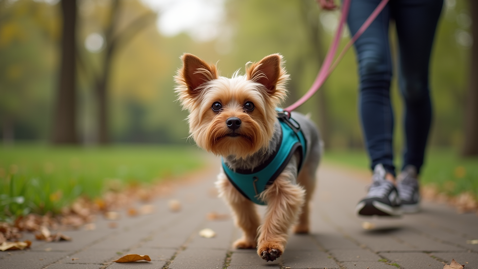 Eye-level view of a Yorkie walking on a leash with a harness in a park