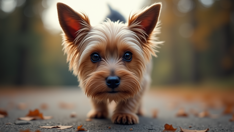 Eye-level view of a Yorkshire Terrier with a neatly trimmed coat