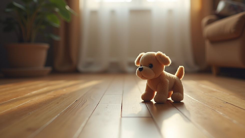Close-up view of a small plush dog toy on a wooden floor