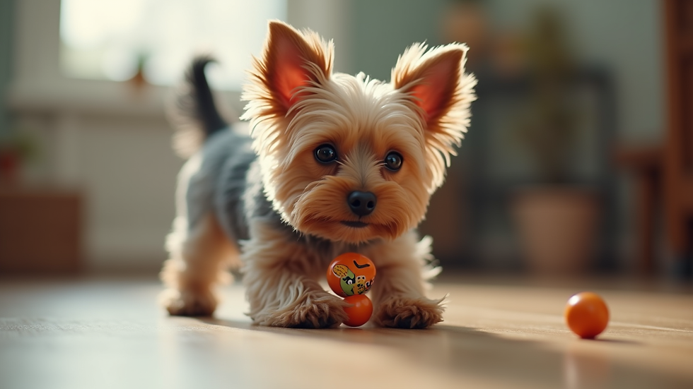 Eye-level view of a small Yorkie playing with a puzzle feeder toy