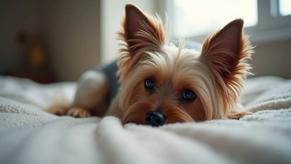 Eye-level view of a Yorkshire Terrier resting calmly on a soft bed