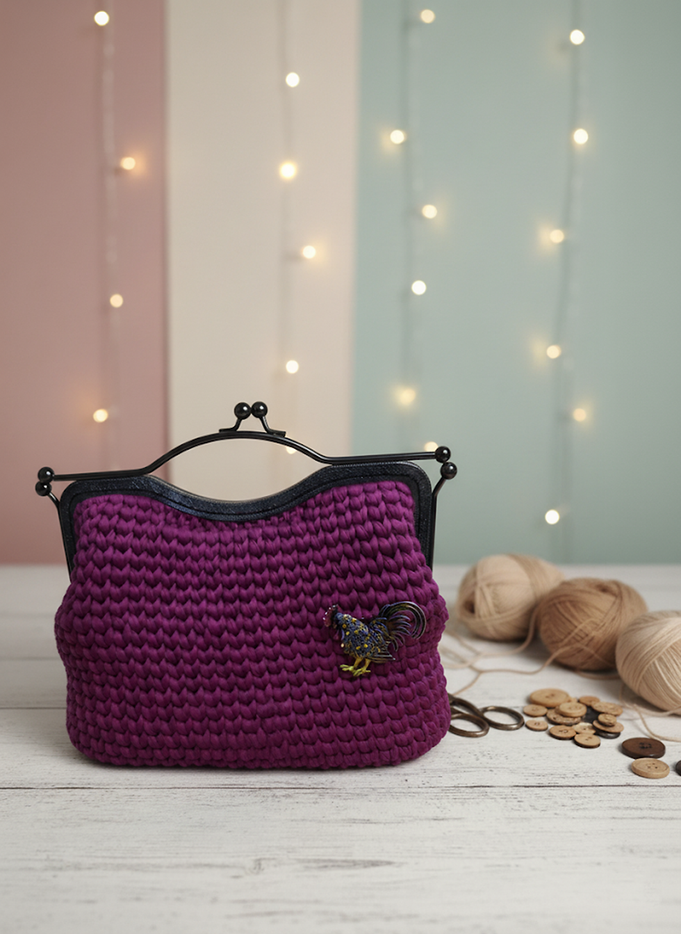 Rankinė rankų darbo, violetinė spalva, dekoruota, su sagomis, fone lemputės.