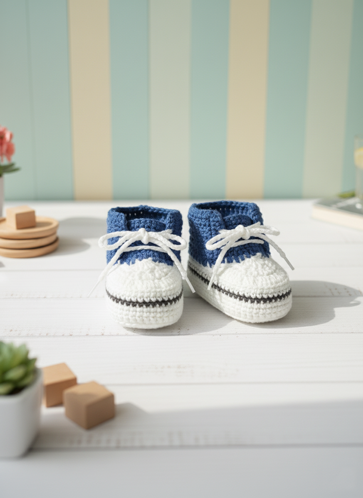 Mėlynos ir baltos spalvos nėriniuoti bateliai ant baltos lentos, fone ornamentas.