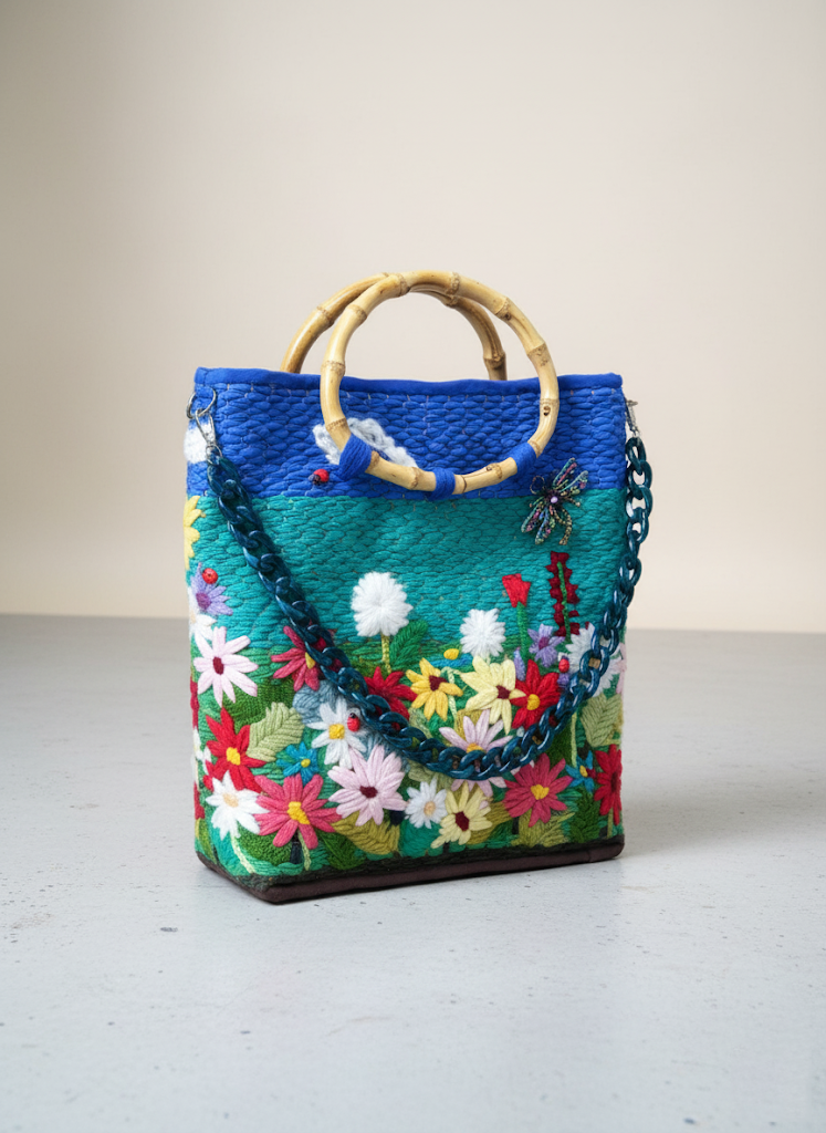 Rankų darbo gėlių krepšys su bambuko rankenomis ir spalvingais ornamentais, stovi.
