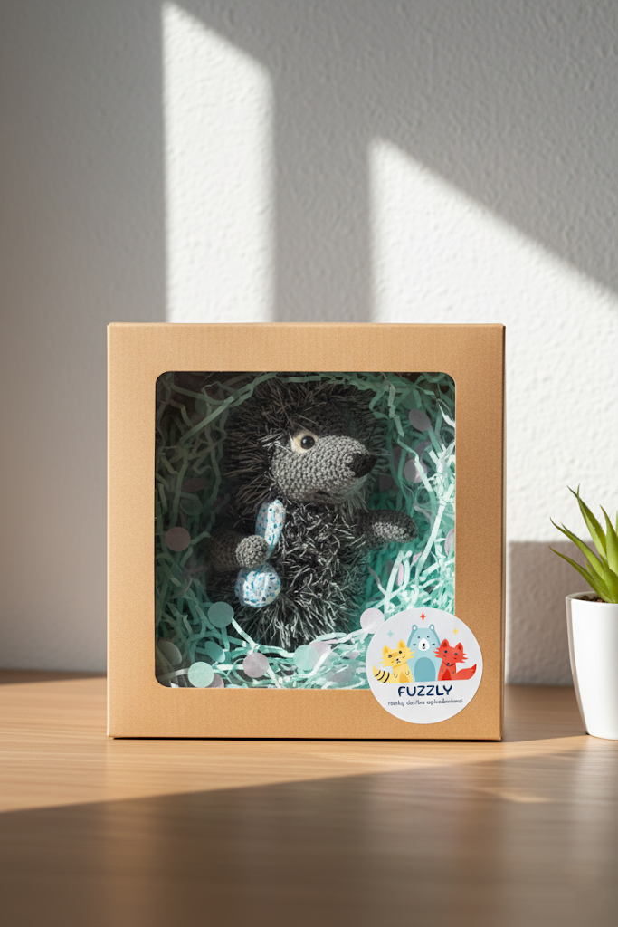 Miniatiūra: Meškėnas dovanų dėžutėje, žalioje žolėje, su antspaudu, ant stalo, Fuzzlyly.