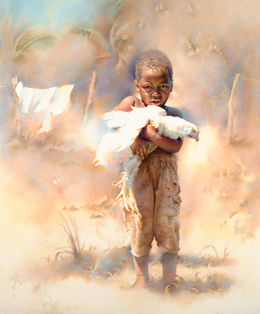 Watercolor painting of a young African boy holding a white chicken