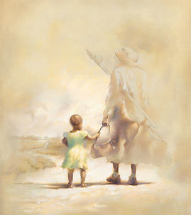 Watercolor painting of figures walking through a soft landscape