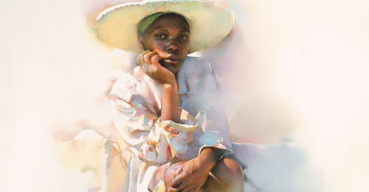 "Passively Waiting" Watercolor portrait of a Haitian woman with large hat on sitting with vegetables by Dylan Scott Pierce