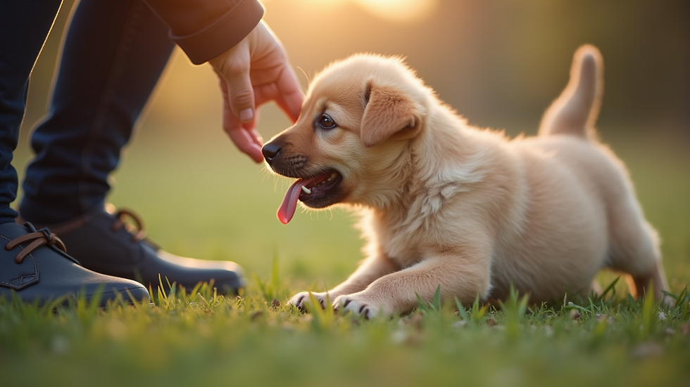 Close-up view of a puppy playing with a trainer during a socialisation session