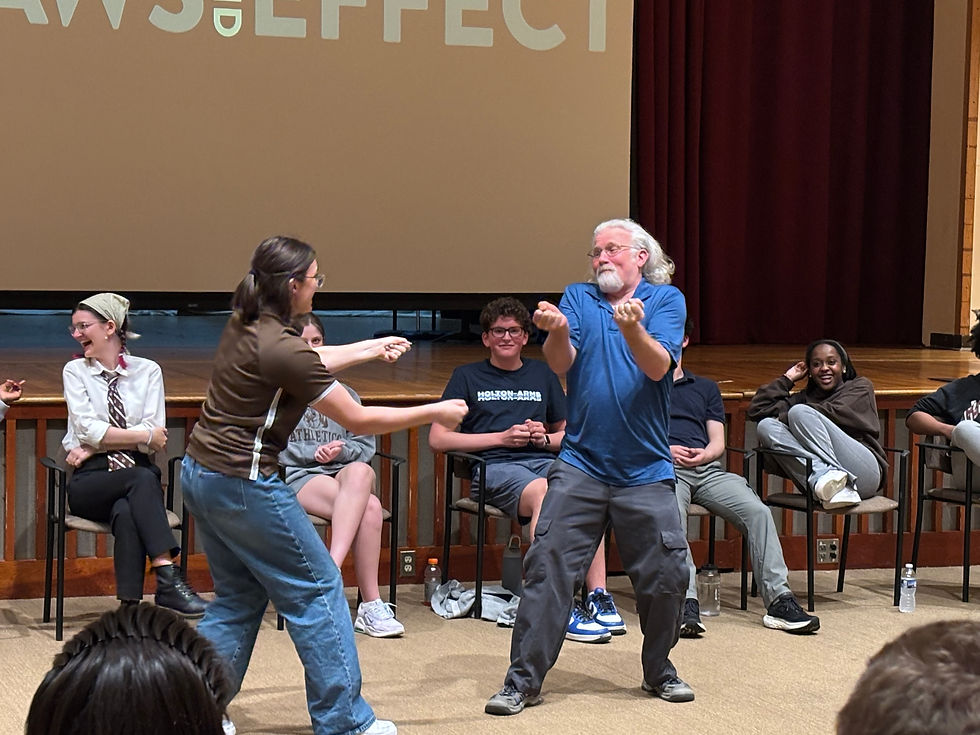Audrey Colburn '25 and Director of Theatrical Arts and Theatre Mark Robinson participate in an Improv performance