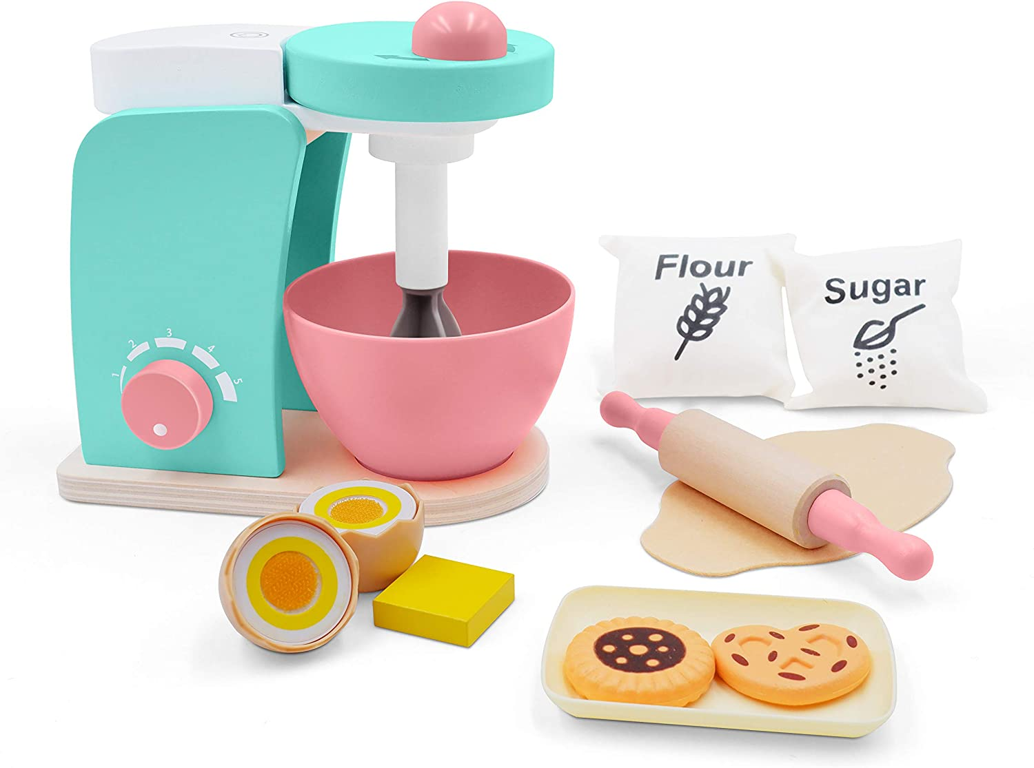 Wooden Toy Bake-Cookie Mixer Set(14 Pcs)- Play Kitchen Accessories Interactive E