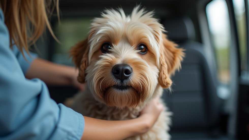 Close-up view of a dog being gently groomed in a mobile grooming van