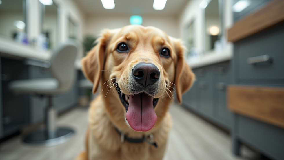 eye-level view of happy dog sitting in grooming salon