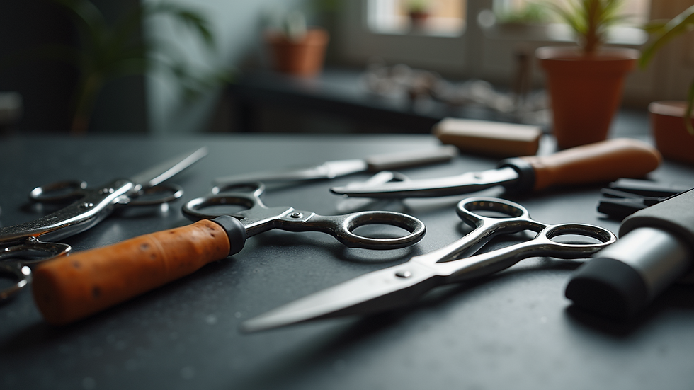 close-up view of dog grooming tools neatly arranged