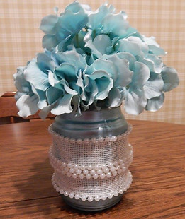 White Burlap and Pearl Vase Blue Hydrangeas