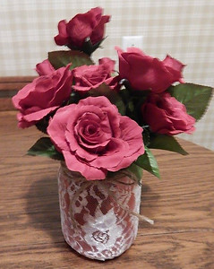 Lace Decoupage Vase with Burgandy Roses