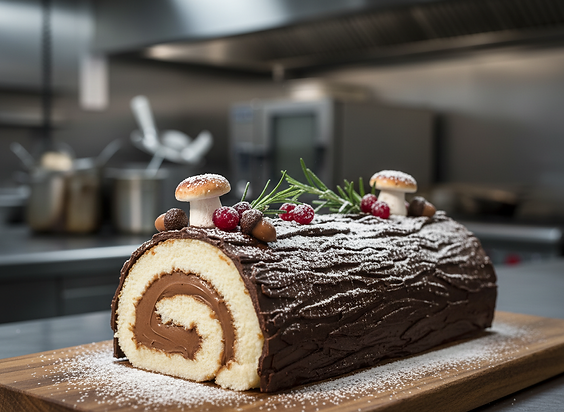 Eye-level view of a traditional Bûche de Noël cake decorated with powdered sugar and holly leaves on a rustic wooden table