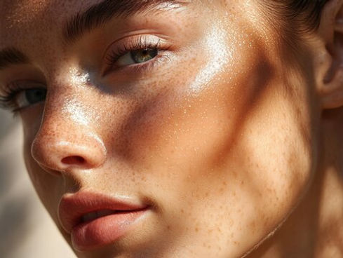 Close-up of a Woman's Face with Freckles and Sun-Kissed Skin, Applying Sheer Sunscreen, Sunlight Shimmering on Skin, Smooth and Healthy Complexion, Beauty and Skin Care Concept.jpg